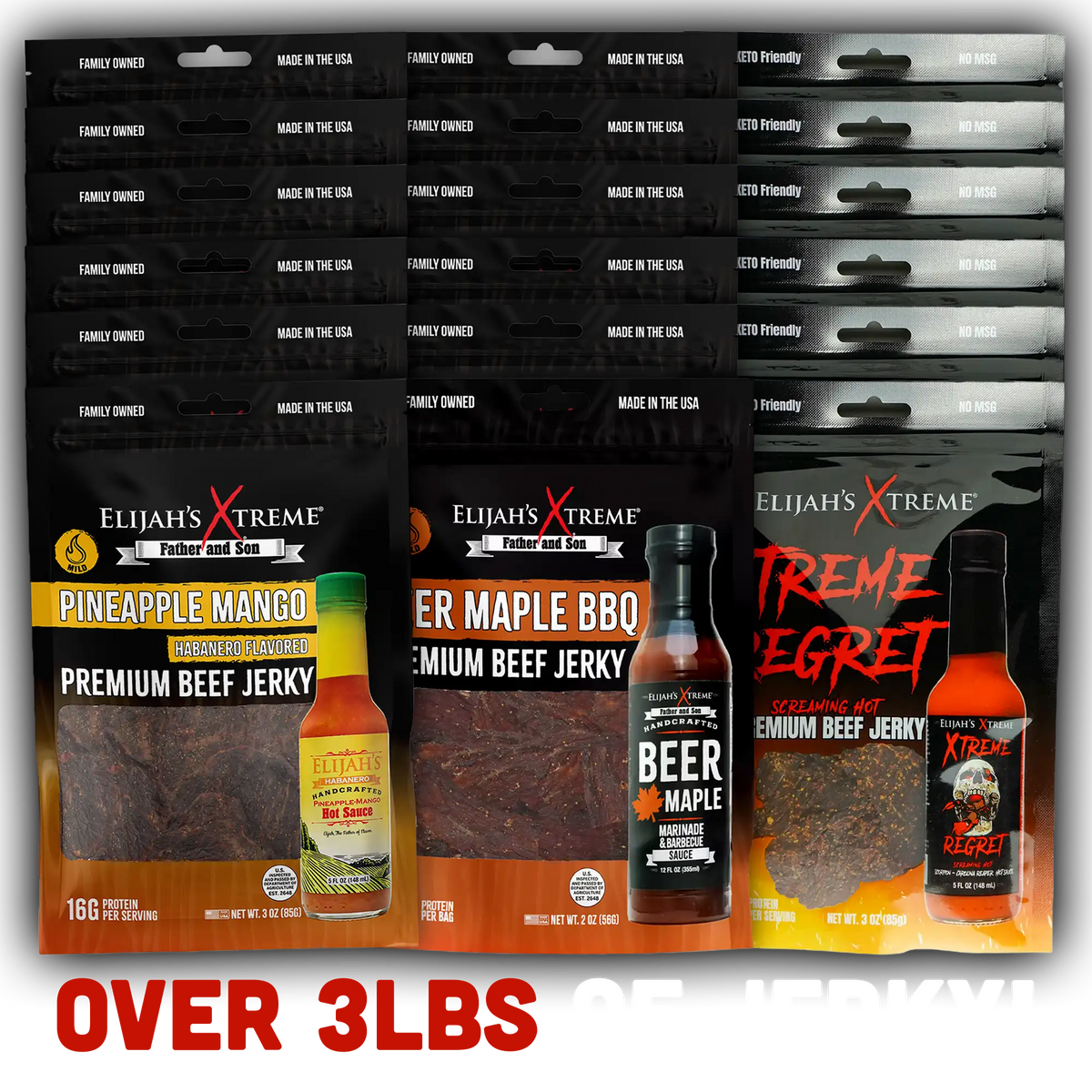 Elijah’s Xtreme Beef Jerky Bulk Trio - 6 bags of Each Flavor, 18 bags total (3lbs)