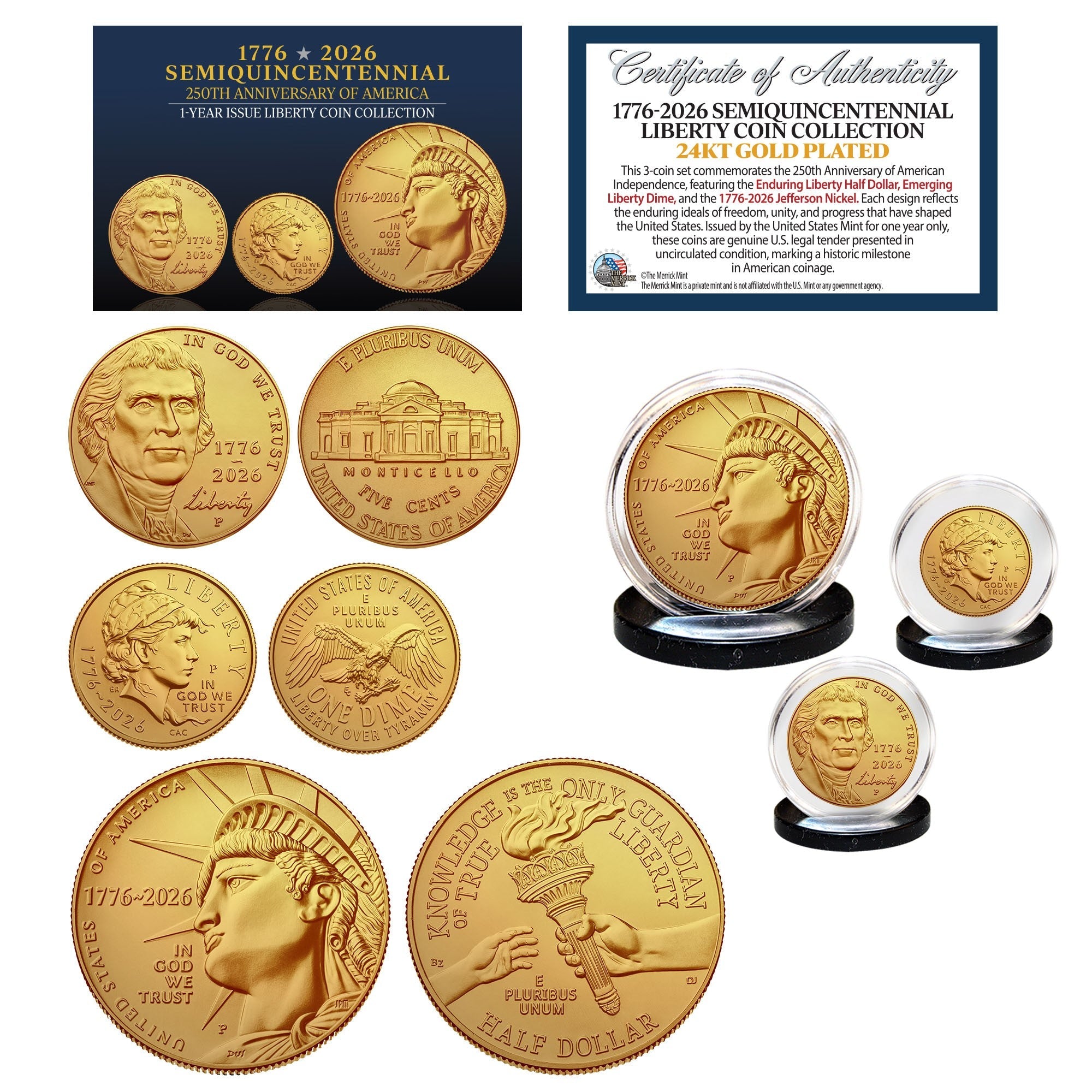 (P-MINT) 1776–2026 Semiquincentennial Liberty 3-Coin Set 24KT Gold Plated – USA 250th Collector's Edition