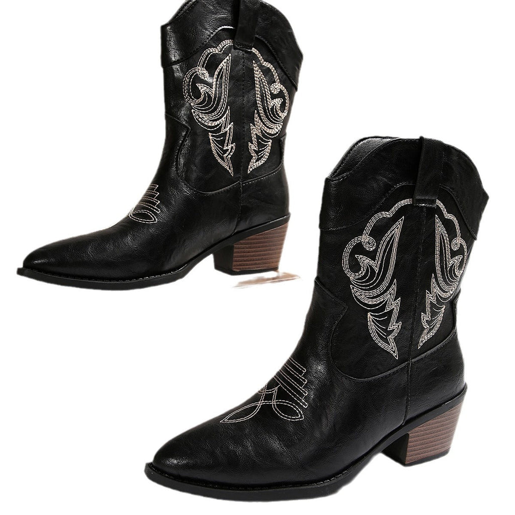 Western Cowboy Embroidered Chunky Heel Versatile Mid-calf Vintage Boots